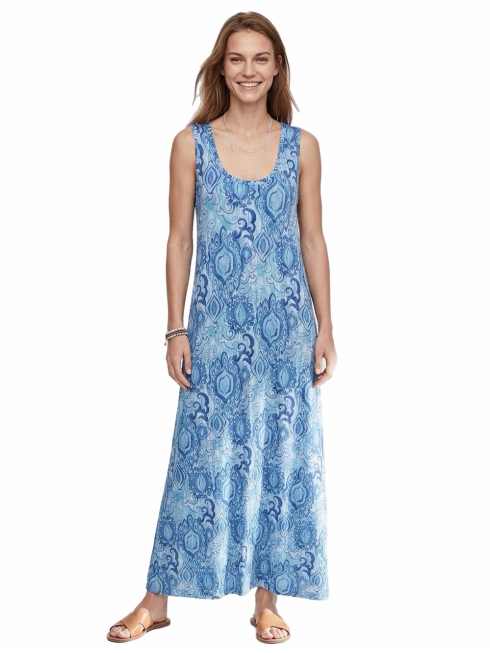 FRESH PRODUCE Blue Print Sleeveless Maxi Dress Stretch Made in USA Medium